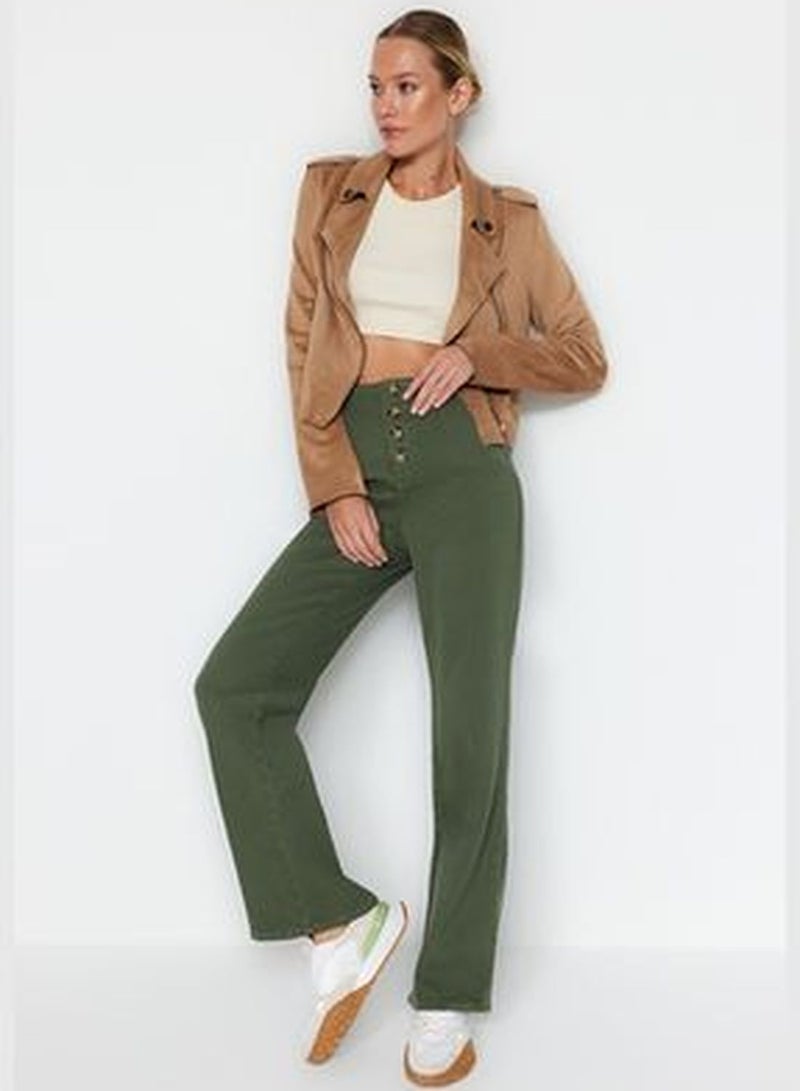 Khaki High Waist Wide Leg Jeans With Buttons In The Front TWOAW24JE00255