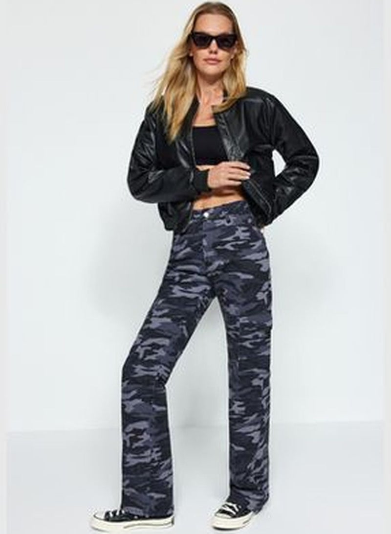 Multicolored Camouflage Print High Waist Wide Leg Jeans with Cargo Pocket TWOAW24JE00246