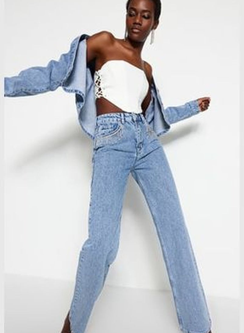 Blue High Waist Wide Leg Jeans with Accessory Detail TWOSS23JE00204.
