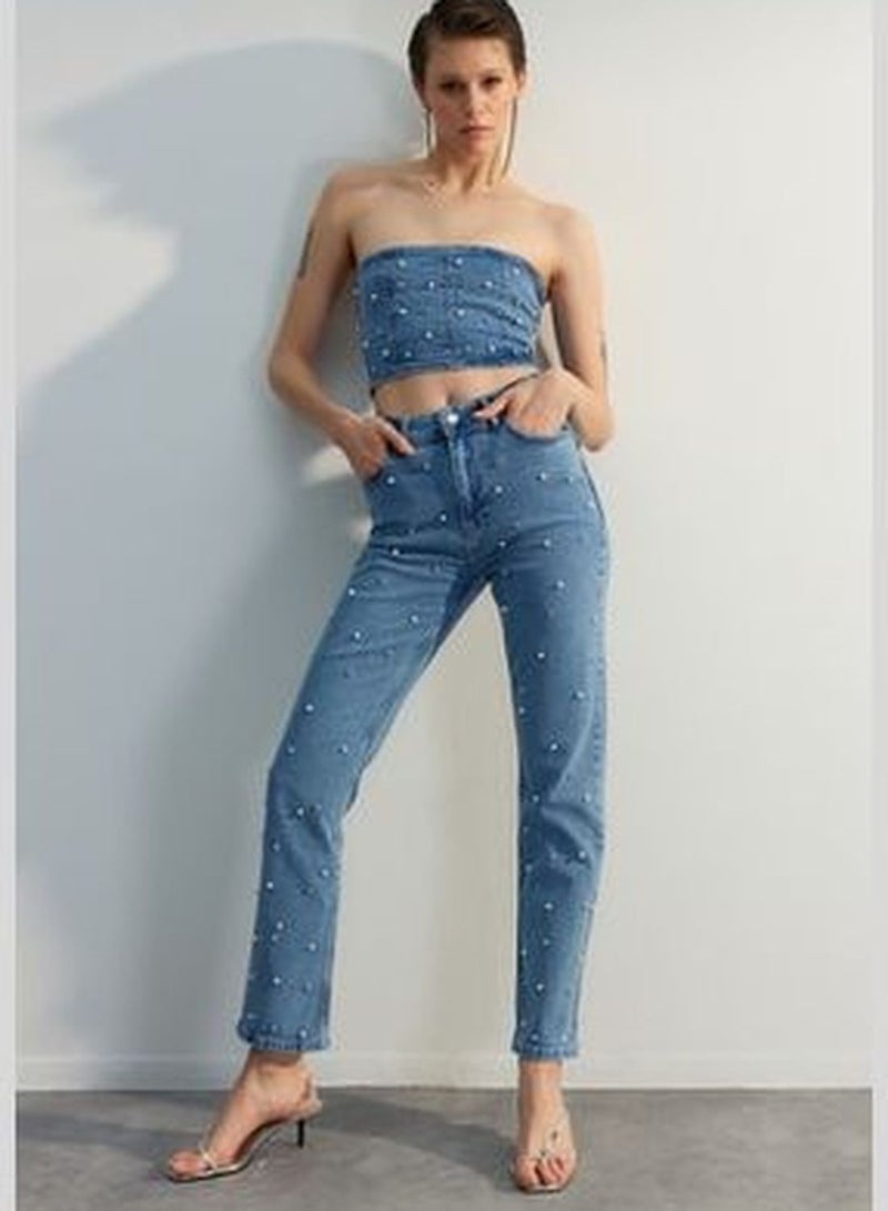 Limited Edition Blue Pearls High Waist Straight Jeans TWOSS23JE00217
