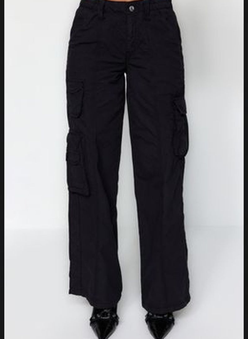 Black High Waist Wide Leg Jeans with Cargo Pocket TWOAW24JE00215