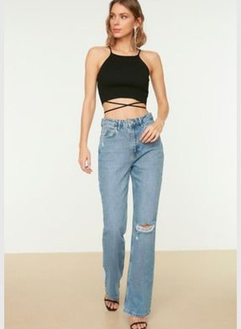 Blue Ripped Detailed High Waist Flare Jeans TWOSS22JE0440