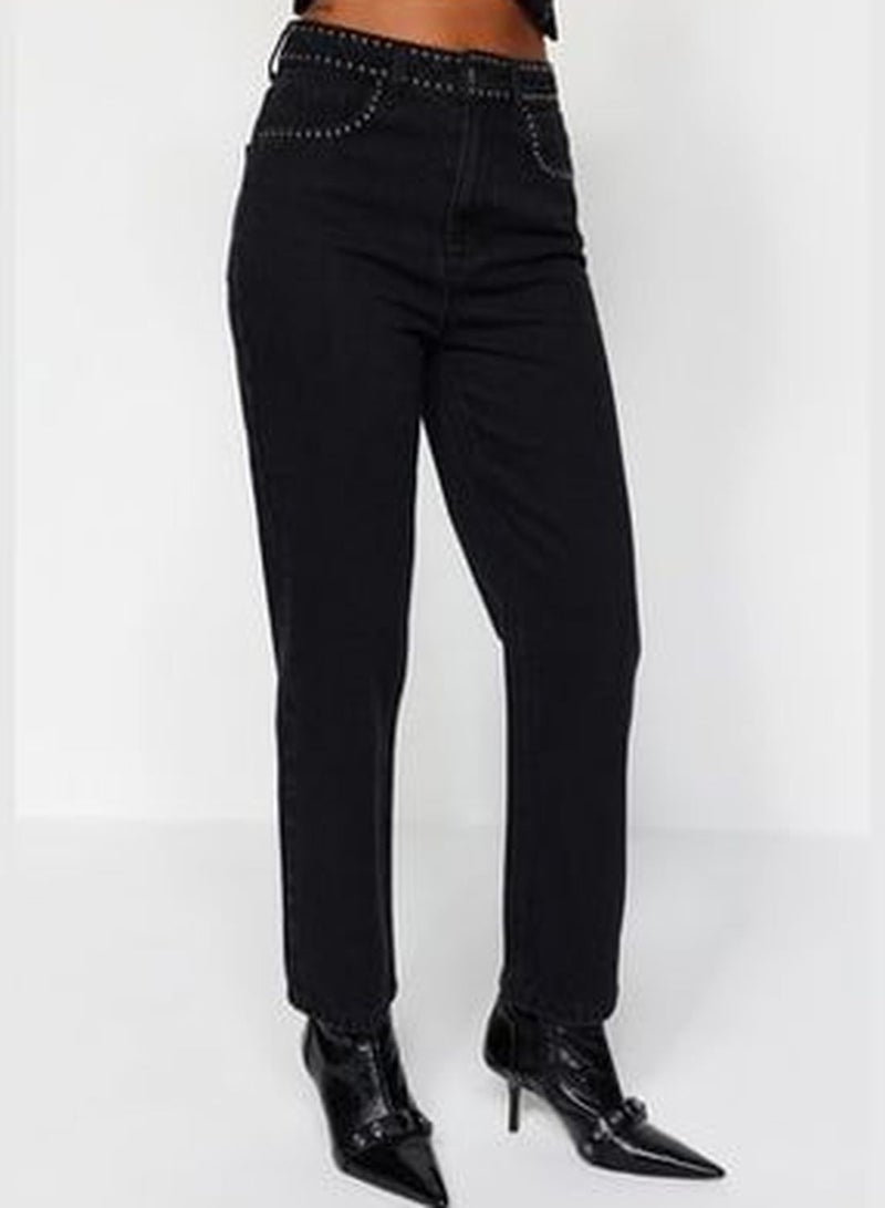 Black Trousers Detailed High Waist Straight Jeans TWOAW24JE00149