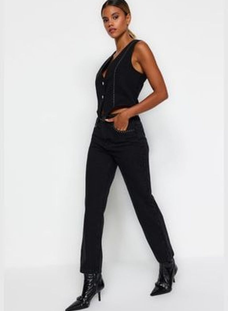 Black Trousers Detailed High Waist Straight Jeans TWOAW24JE00149