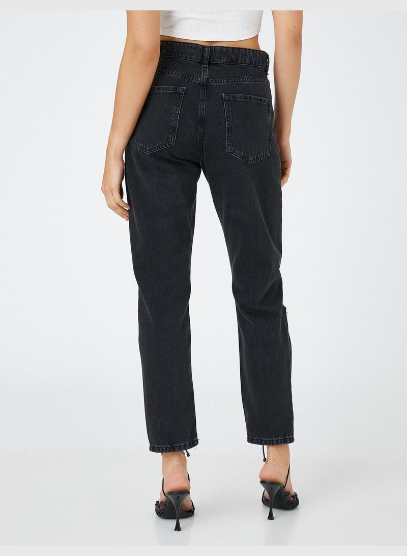 Destroyed High Waist Denim Trousers - Mom Jean