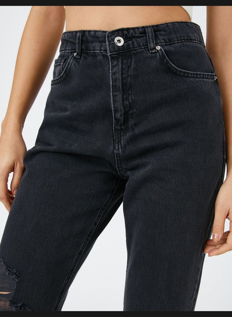 Destroyed High Waist Denim Trousers - Mom Jean