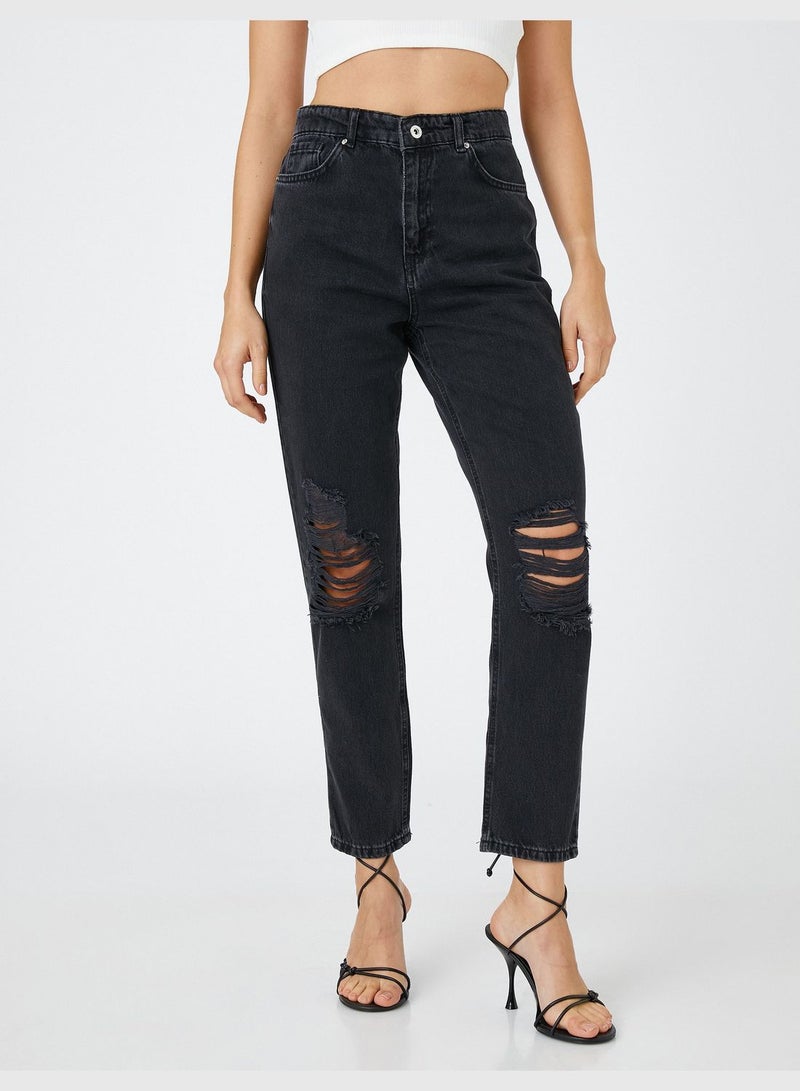 Destroyed High Waist Denim Trousers - Mom Jean