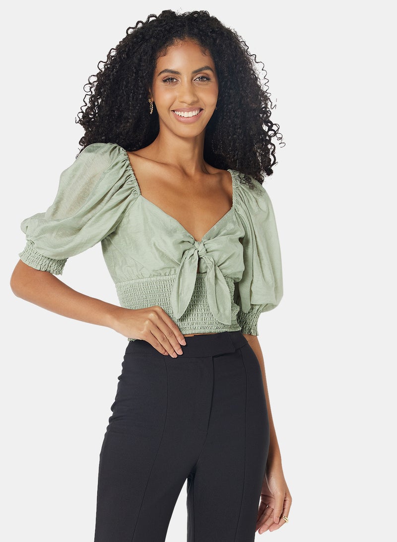 Shirred Detail Crop Top Green