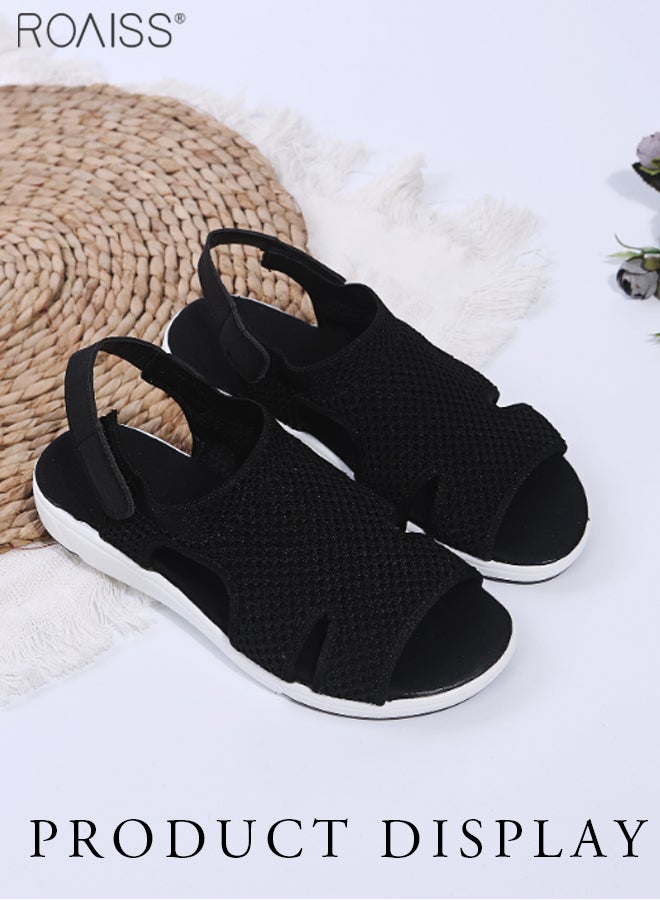 Women's Mesh Knitted Hollow Open Toe Sandals Velcro Adjustable Open Heel Flat Slippers Breathable High Elastic Anti Slip Beach Sandals