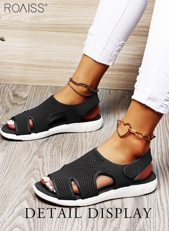 Women's Mesh Knitted Hollow Open Toe Sandals Velcro Adjustable Open Heel Flat Slippers Breathable High Elastic Anti Slip Beach Sandals