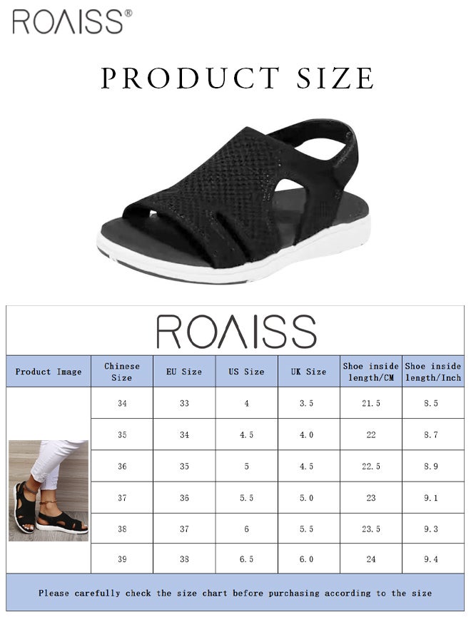 Women's Mesh Knitted Hollow Open Toe Sandals Velcro Adjustable Open Heel Flat Slippers Breathable High Elastic Anti Slip Beach Sandals