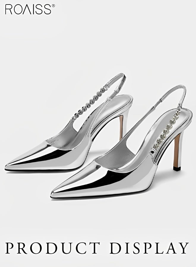 Women's Fashionable Patent Leather Pointed Thin High Heels Leaky Heel Design Versatile Rhinestone Decorative Sandals Baotou Closed Toes Banquet Dress Wedding Sandals