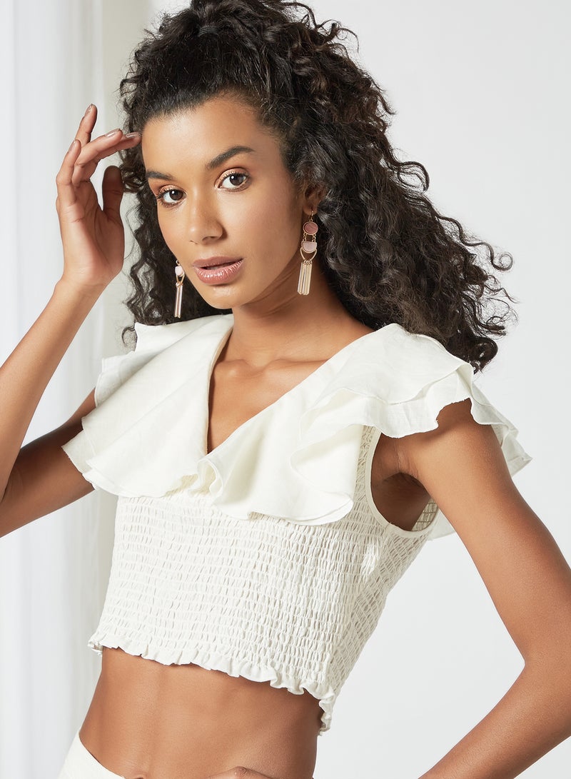 Ruffle Detail Crop Top White