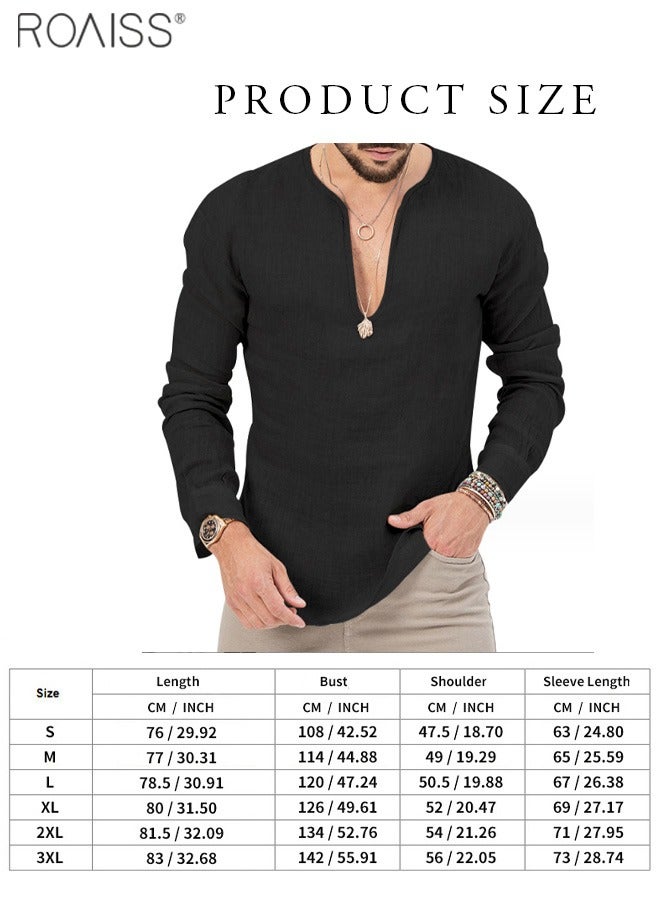 Men's Cotton Linen Henley Shirt Long Sleeve Hippie Casual Beach T Shirts