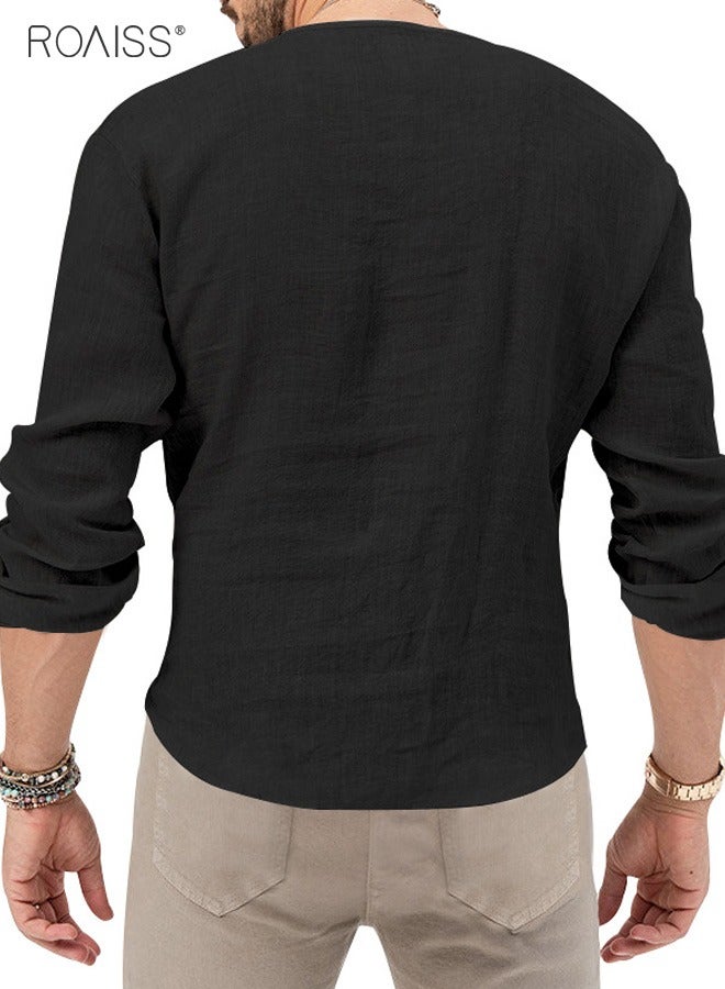 Men's Cotton Linen Henley Shirt Long Sleeve Hippie Casual Beach T Shirts
