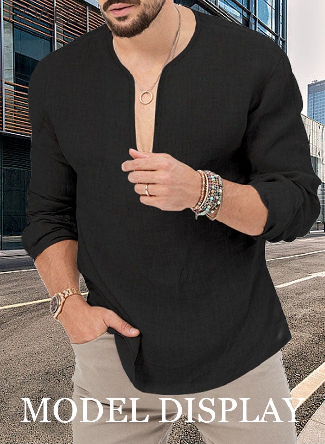 Men's Cotton Linen Henley Shirt Long Sleeve Hippie Casual Beach T Shirts