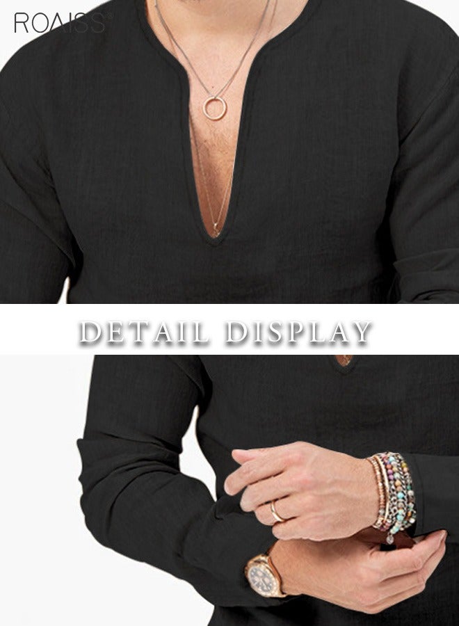 Men's Cotton Linen Henley Shirt Long Sleeve Hippie Casual Beach T Shirts