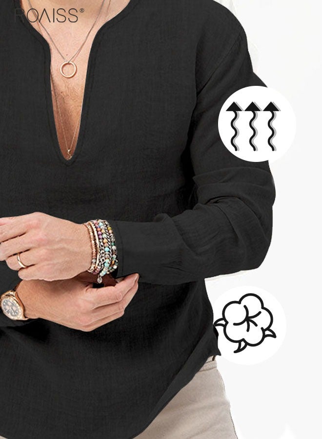Men's Cotton Linen Henley Shirt Long Sleeve Hippie Casual Beach T Shirts