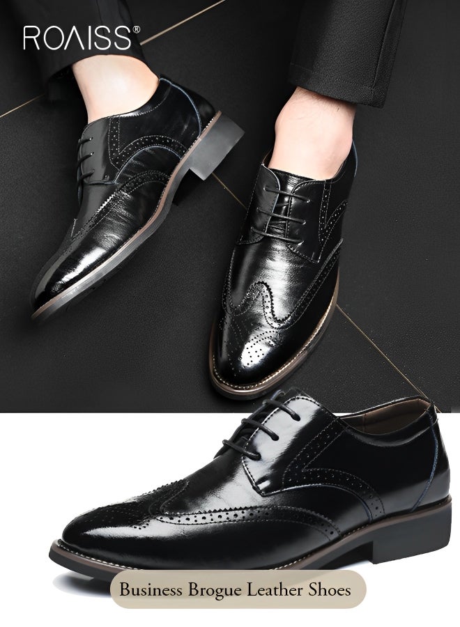 Men's Casual Business Block Leather Shoes Fashion Versatile Patent Leather Pointed Formal Occasion Shoes Patterned Lace Up Business Casual Shoes