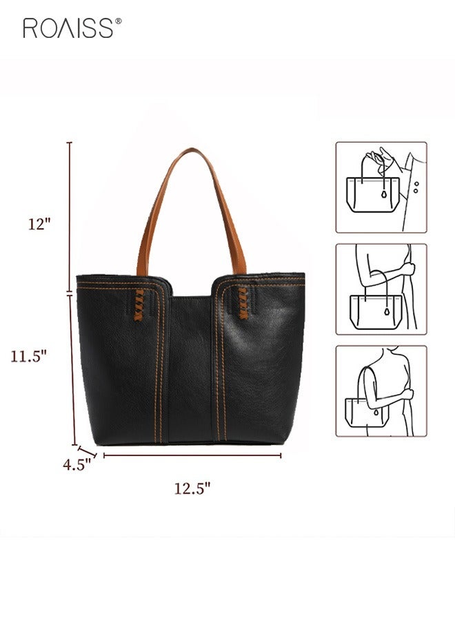 Pu Leather Large Capacity Tote Bag Fashionable Retro Large Capacity Shoulder Bag Soft Leather Contrast Design Handbag