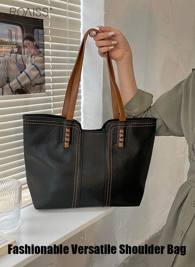 Pu Leather Large Capacity Tote Bag Fashionable Retro Large Capacity Shoulder Bag Soft Leather Contrast Design Handbag