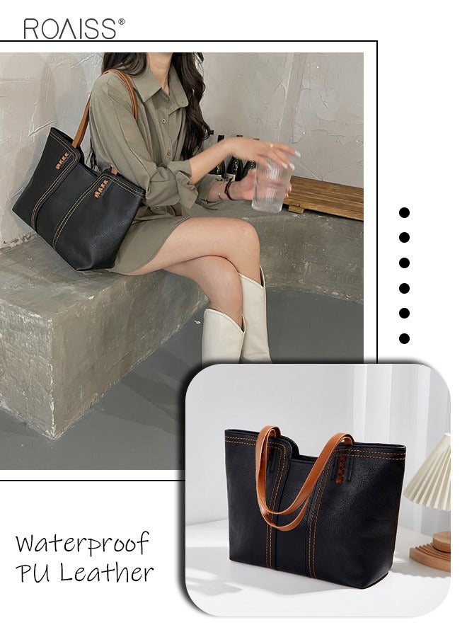 Pu Leather Large Capacity Tote Bag Fashionable Retro Large Capacity Shoulder Bag Soft Leather Contrast Design Handbag