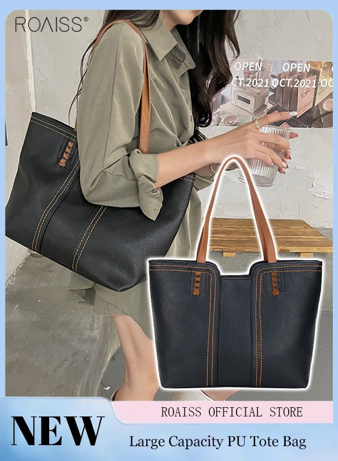 Pu Leather Large Capacity Tote Bag Fashionable Retro Large Capacity Shoulder Bag Soft Leather Contrast Design Handbag