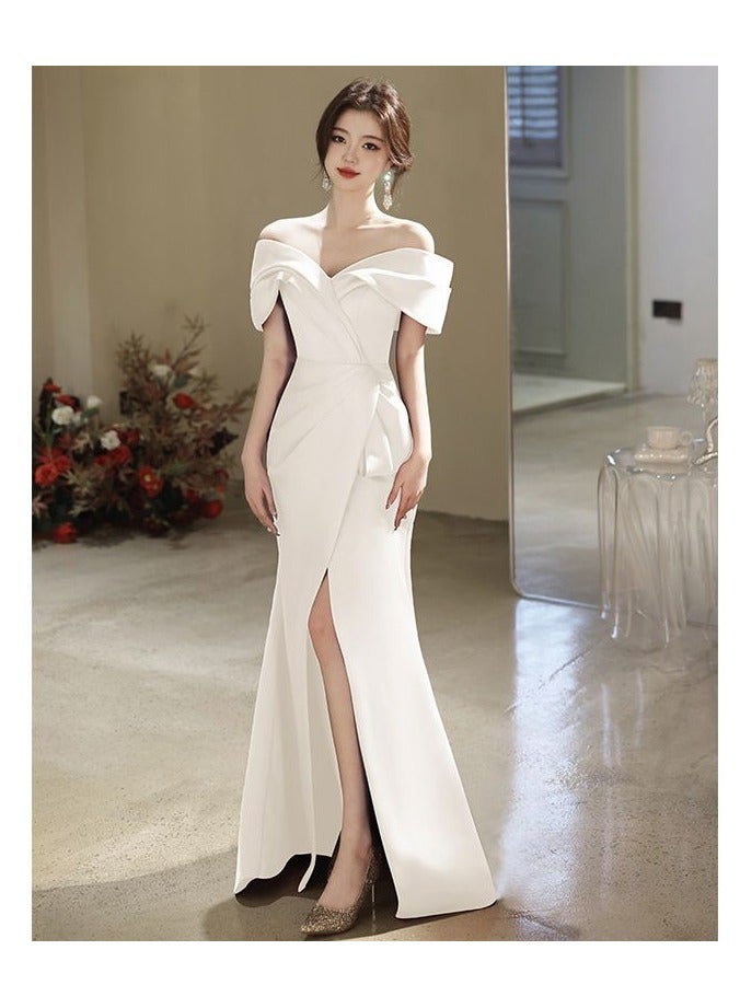 One-line Shoulder Split Waist Fishtail Evening Dress