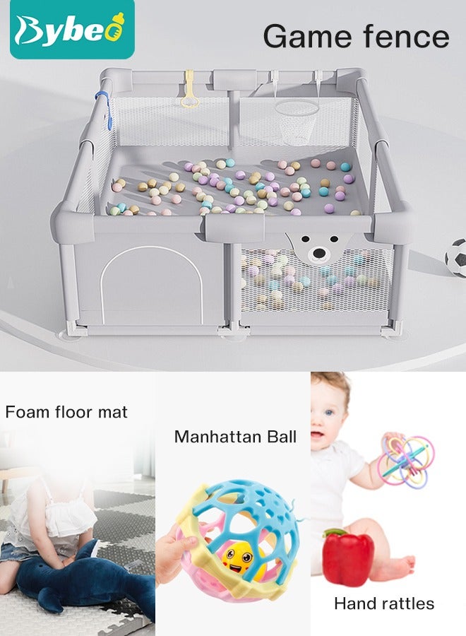 Baby Playpen Fence with Playmat, Sturdy Playard for Toddler, Infant Indoor & Outdoor Kids Activity Center With 50 PCS Ocean Balls and 3 Toys, 180*200CM
