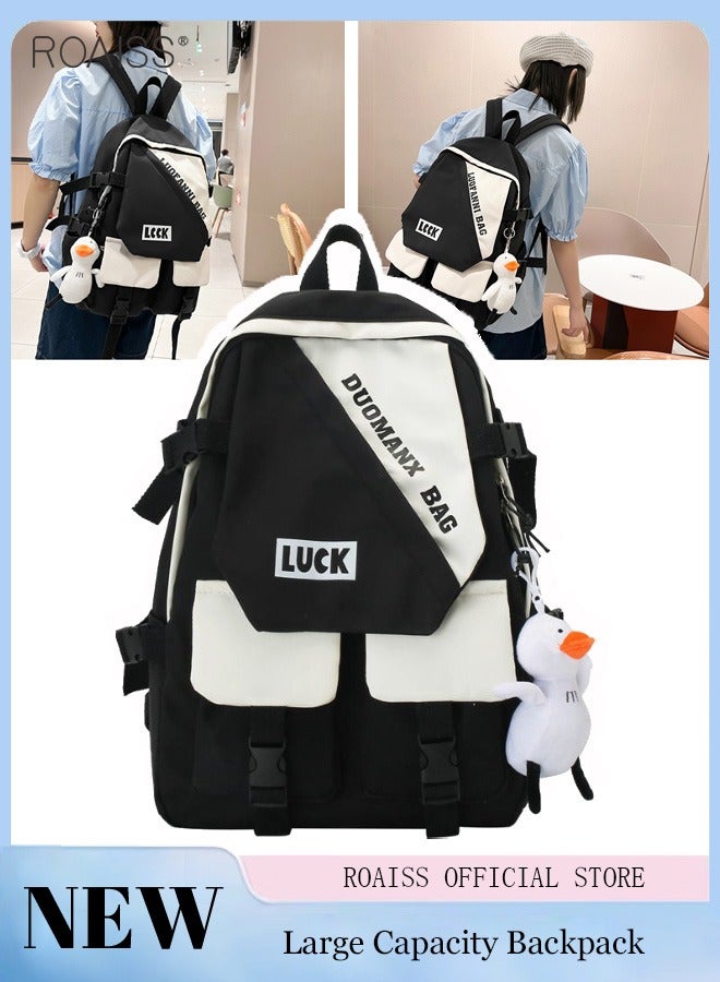 Casual Patchwork Color Contrast Duckling Pendant Backpack Fashion Versatile High Capacity School Bag Simple Multi Pocket Travel Student Computer Backpack