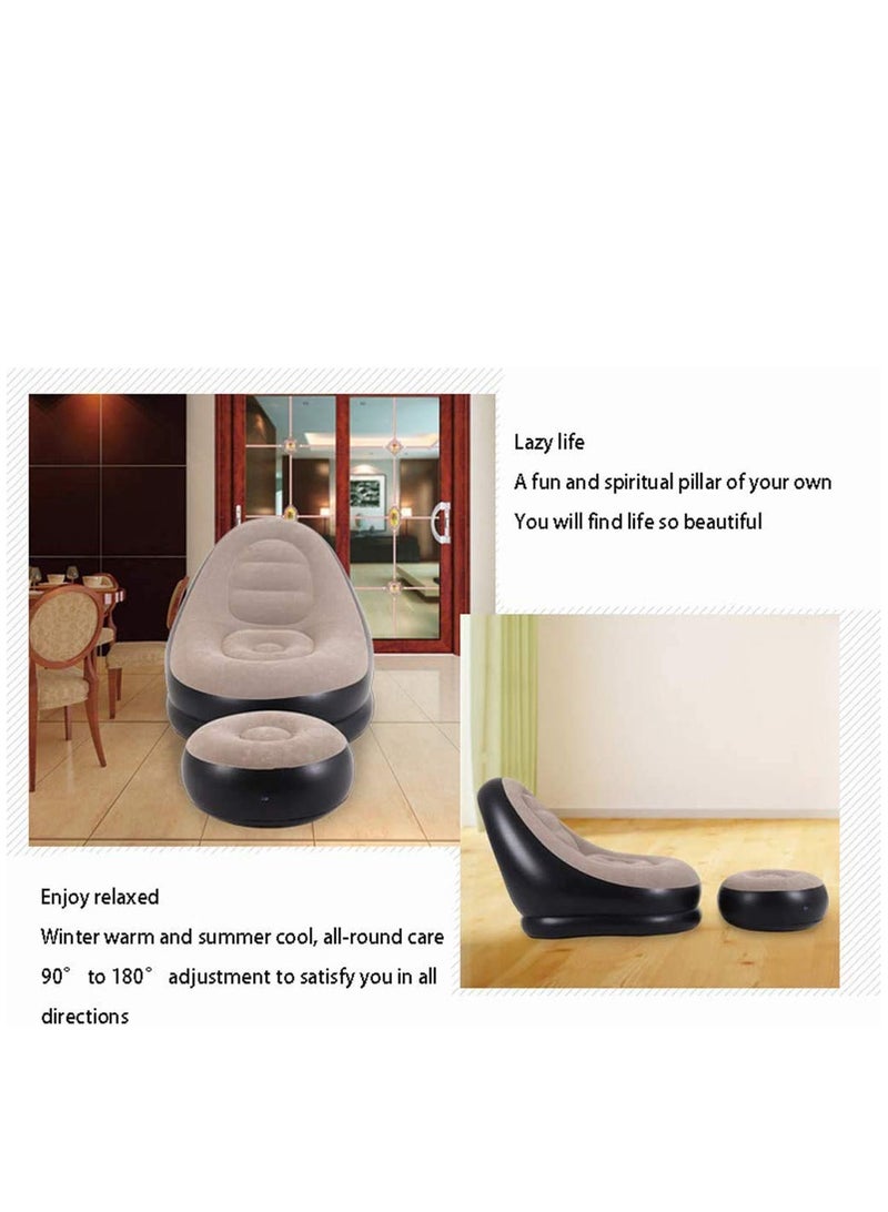 2-IN-1 Grey/Black Lounge Sofa Bed Set, Folding Portable Inflatable Lazy Flocking Recliner Chair with Footstool - Great for Pop Up Indoor and Outdoor Balcony, Backyard, Camping, Picnic, RV