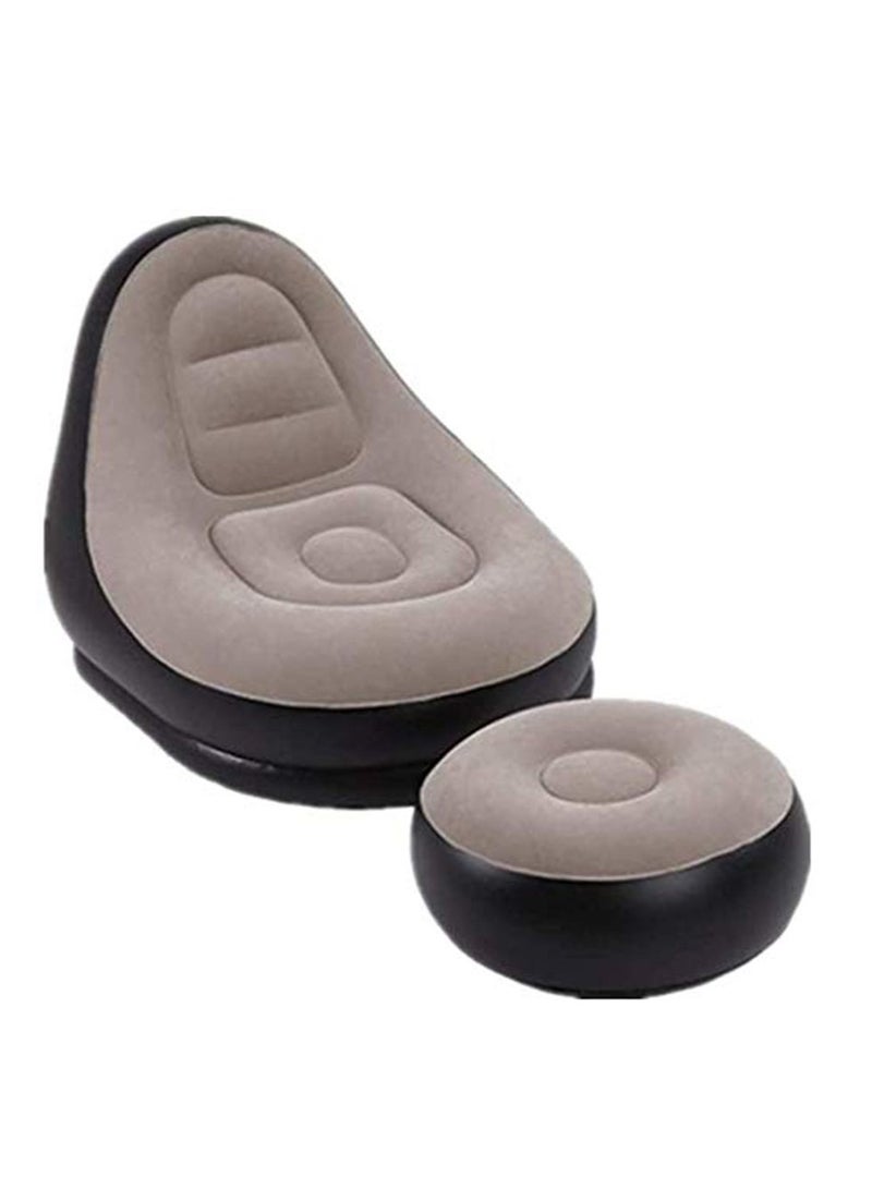 2-IN-1 Grey/Black Lounge Sofa Bed Set, Folding Portable Inflatable Lazy Flocking Recliner Chair with Footstool - Great for Pop Up Indoor and Outdoor Balcony, Backyard, Camping, Picnic, RV