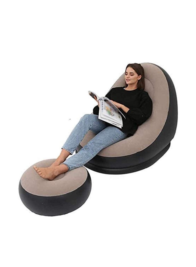 2-IN-1 Grey/Black Lounge Sofa Bed Set, Folding Portable Inflatable Lazy Flocking Recliner Chair with Footstool - Great for Pop Up Indoor and Outdoor Balcony, Backyard, Camping, Picnic, RV