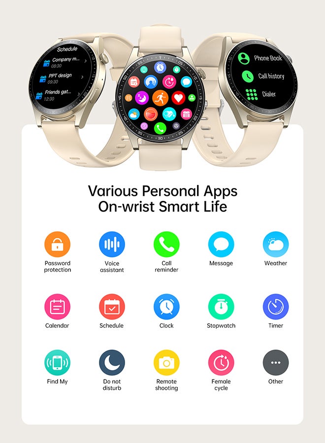 220 mAh JR-FC2 Smart Watch Can Make and Receive Calls 1.32-inch HD Screen Bluetooth Connection Fitness Monitoring For Men and Women Compatible With Apple and Android Metal Silicone Strap Champagne Gold