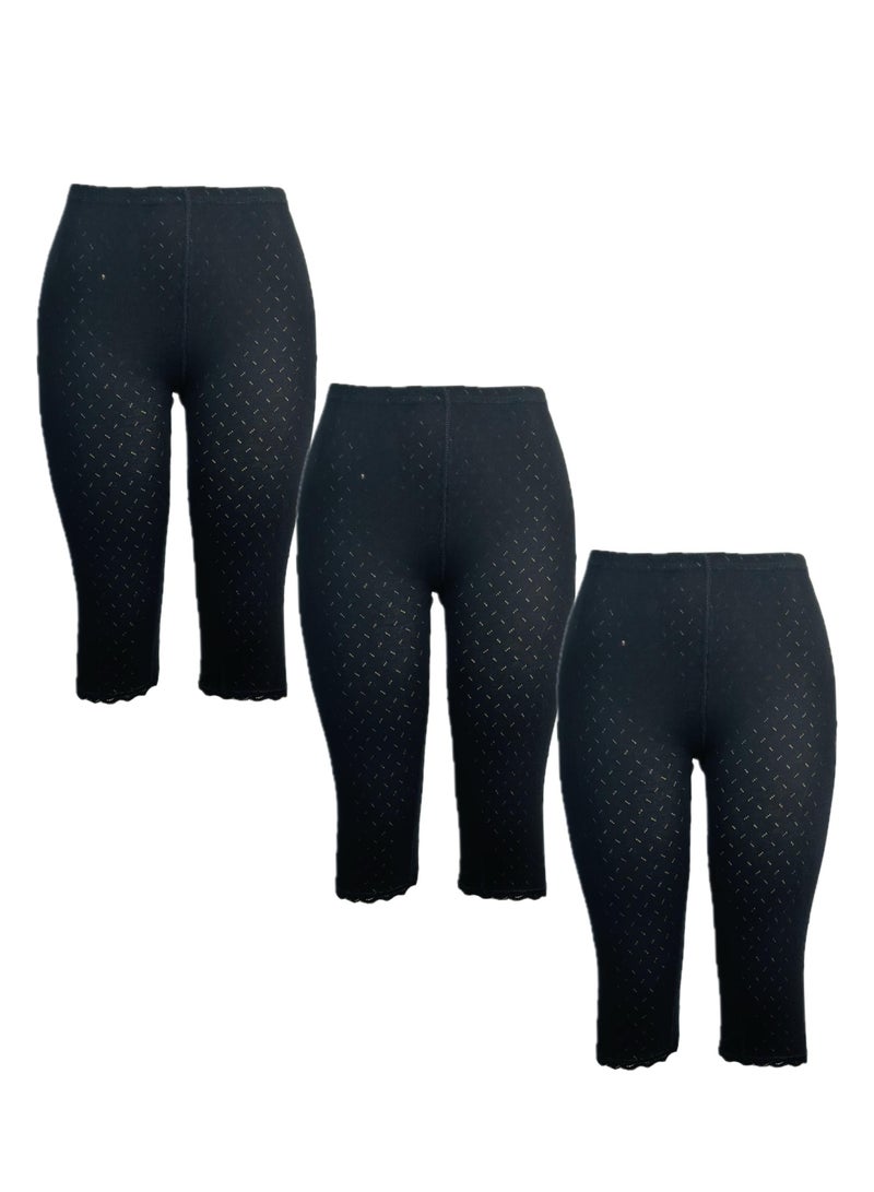 3- Pieces Women's Perforated Cotton Bermuda Black