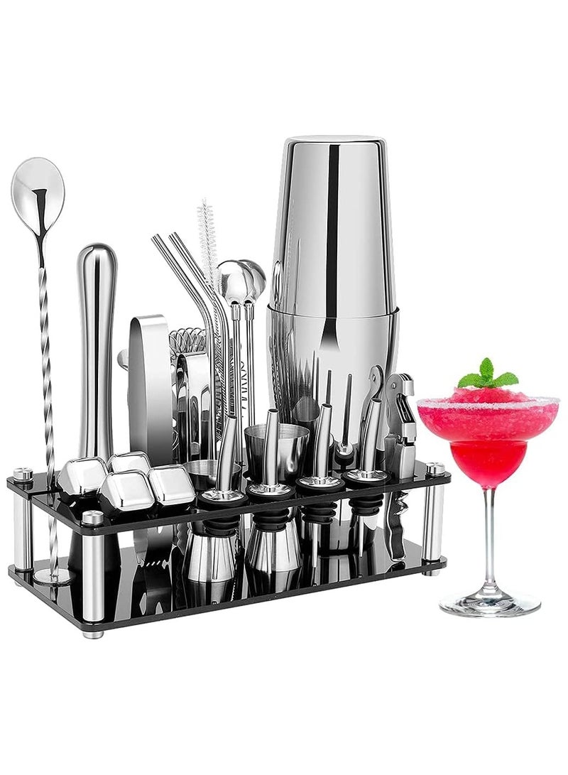 Cocktail shaker set: 23-Piece Bar Tool Set with Acrylic Stand Perfect Home or Bar Bartending Kit Silver/Black (700+600ML)