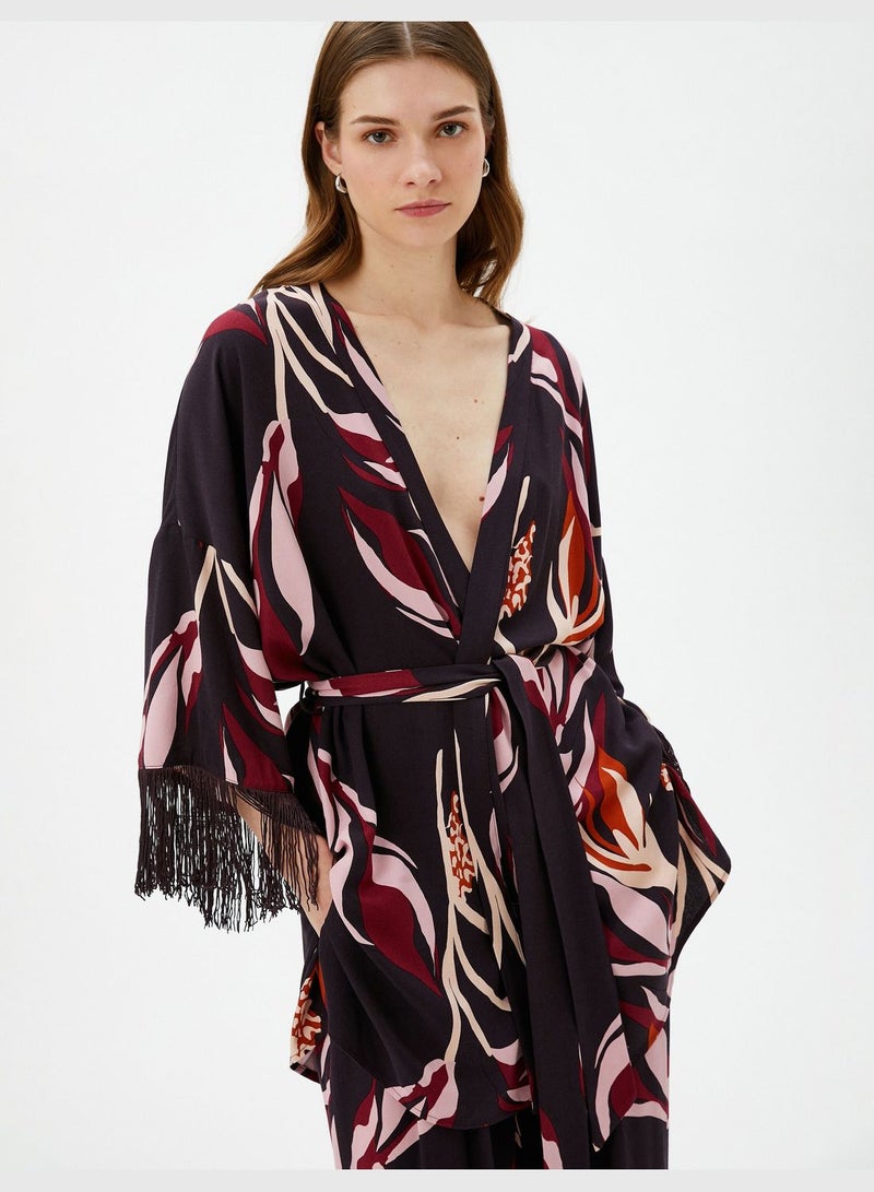 Tassel Detail Belted Kimono