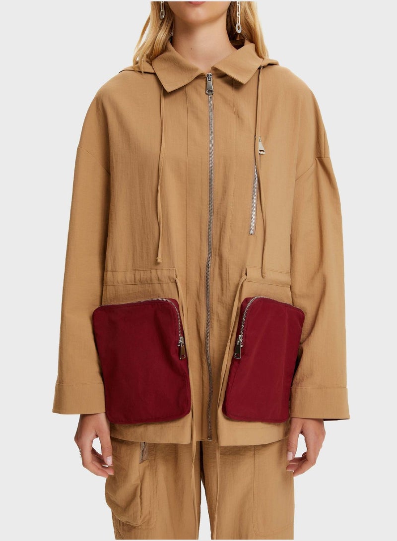 Pocket Detail Hooded Raincoat