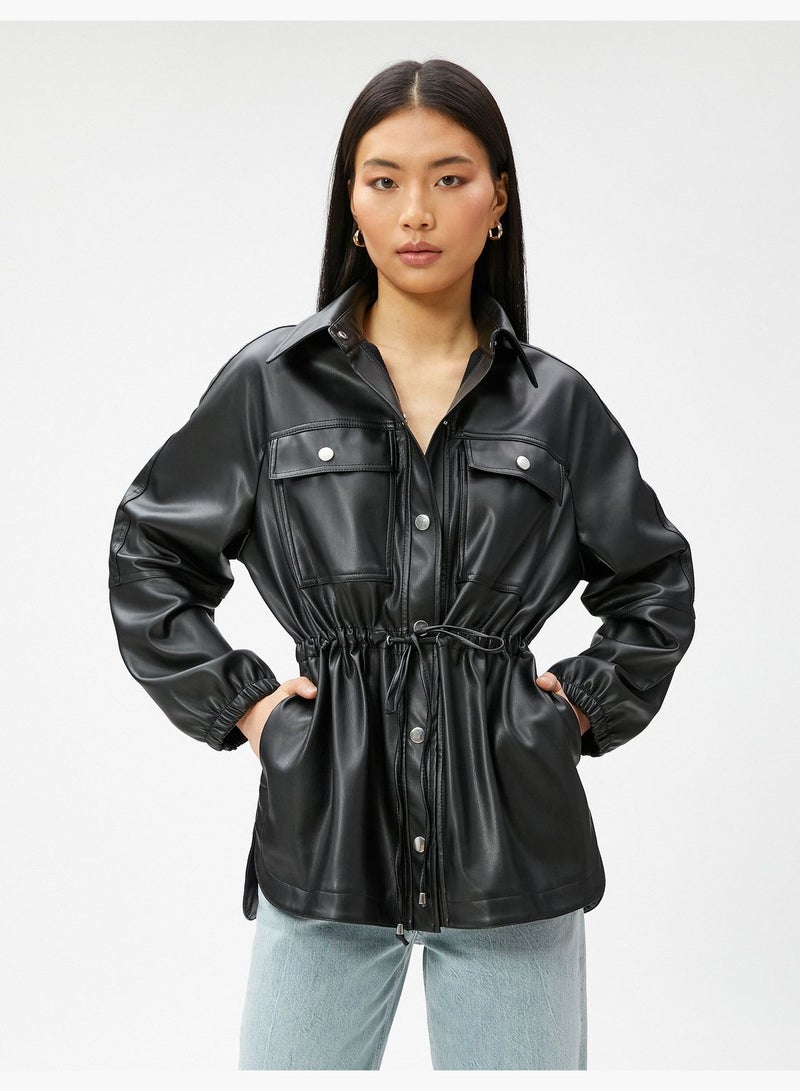 Shirred Waist Faux Leather Jacket