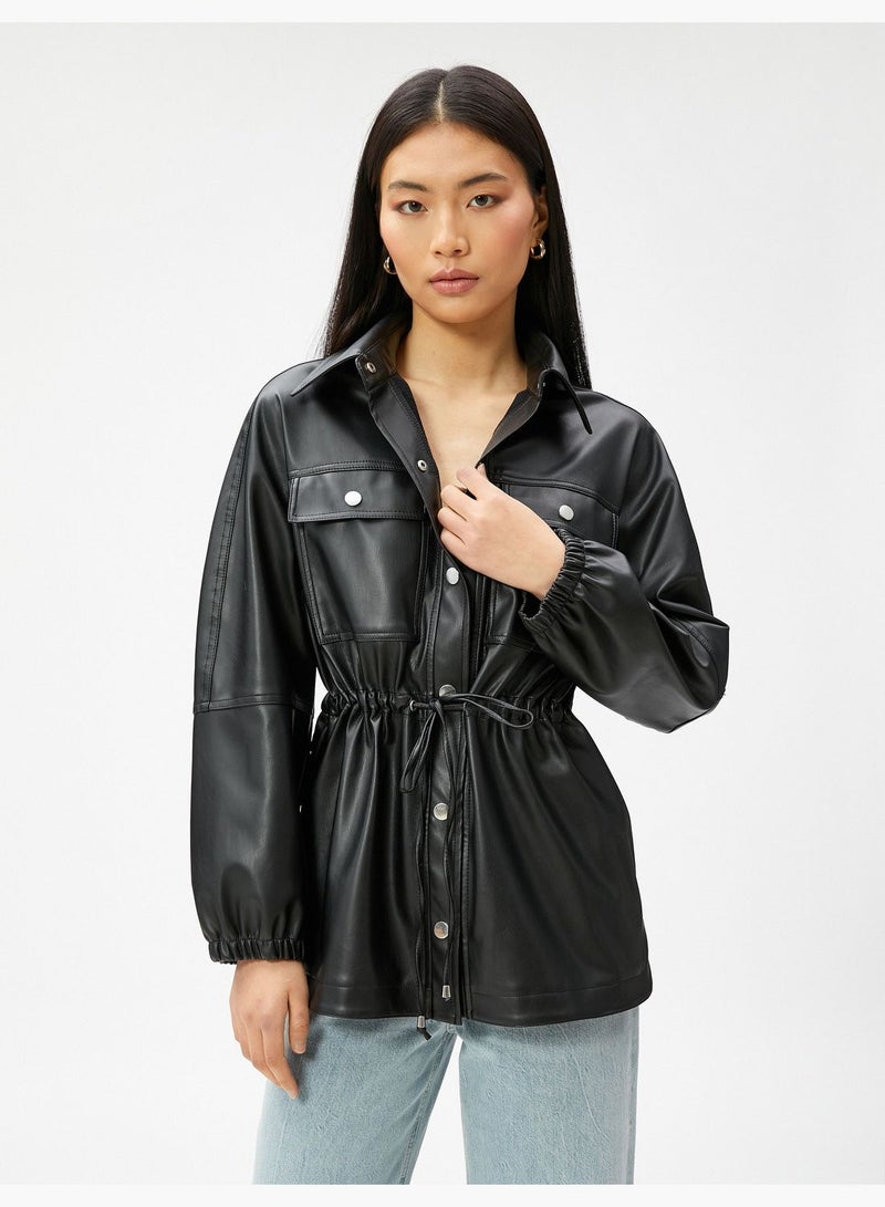 Shirred Waist Faux Leather Jacket