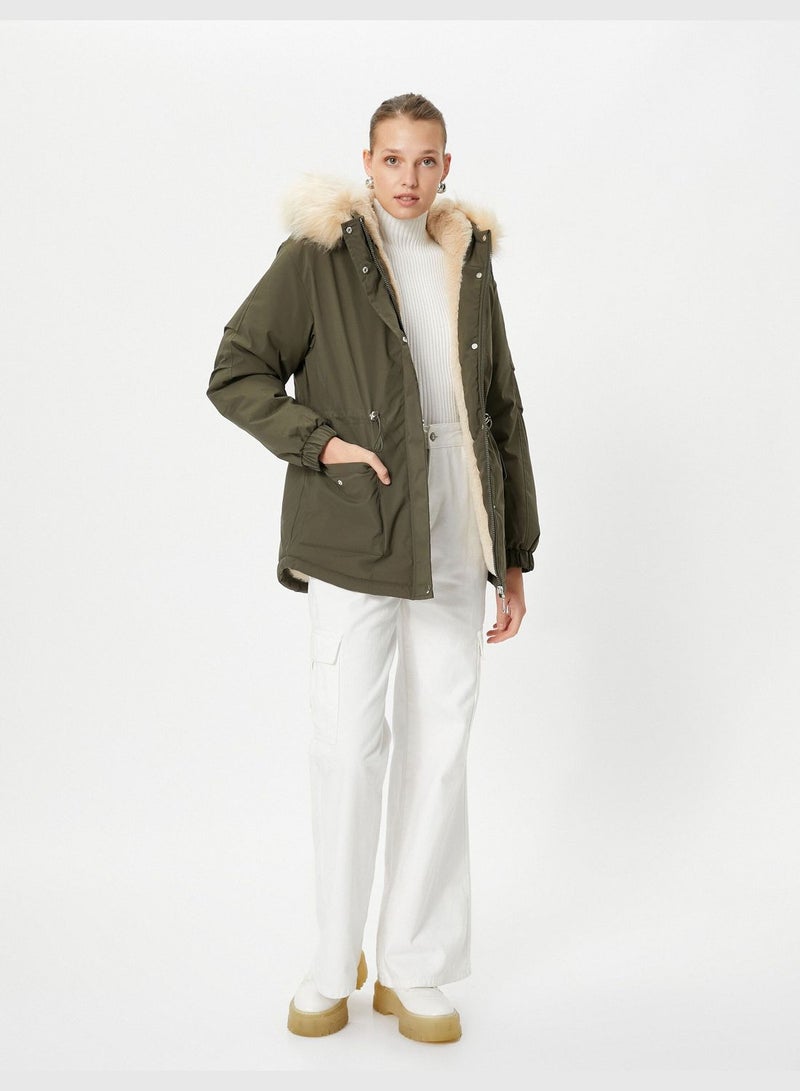 Elastic Waist Plush Detail Puffer Hooded Coat