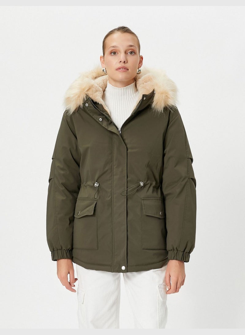 Elastic Waist Plush Detail Puffer Hooded Coat