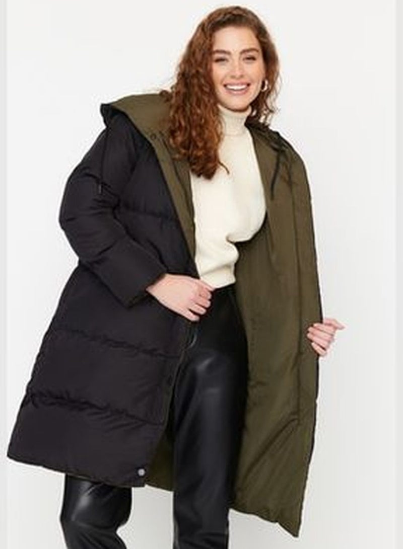 Black-Khaki Oversize Double-Sided Hooded Water-repellent Long Puffer Coat TWOAW23MO00052