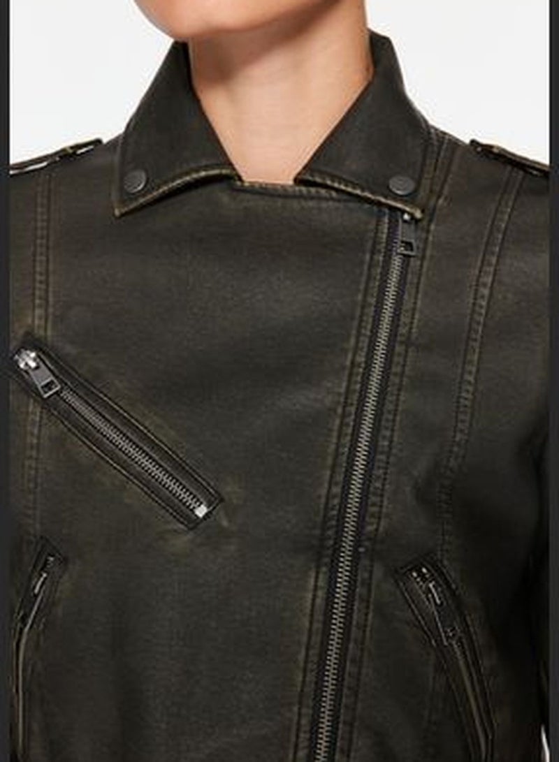 Anthracite Aged Detailed Faux Leather Biker Jacket Coat TWOAW24MO00277
