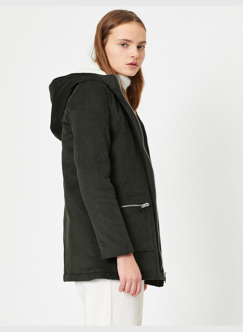 Cotton Hooded Pocket Detailed Zipper Detailed Coat