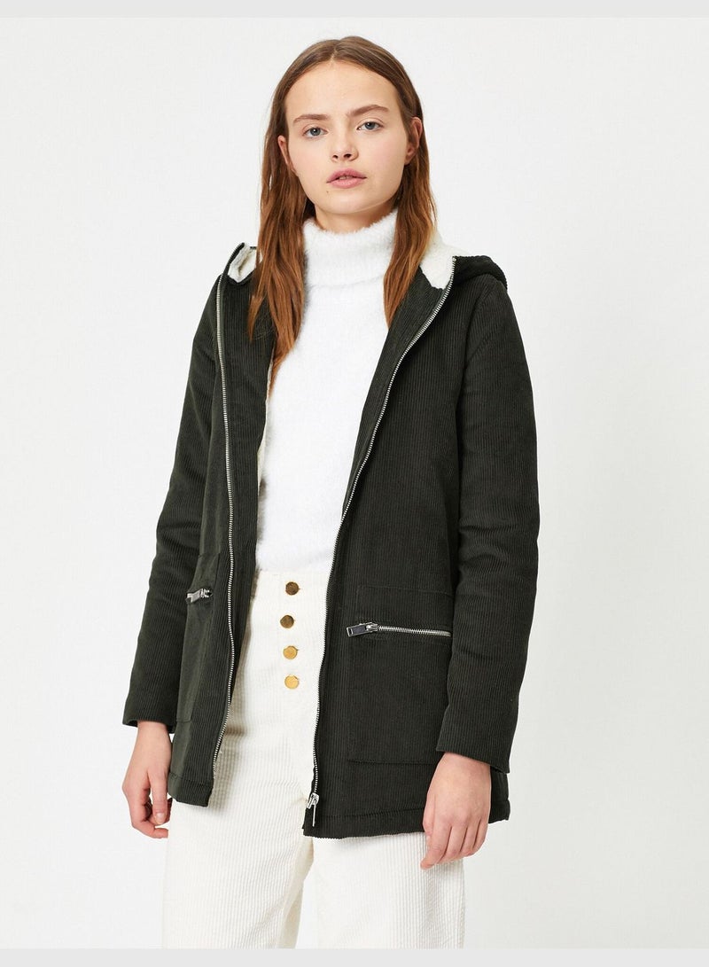 Cotton Hooded Pocket Detailed Zipper Detailed Coat