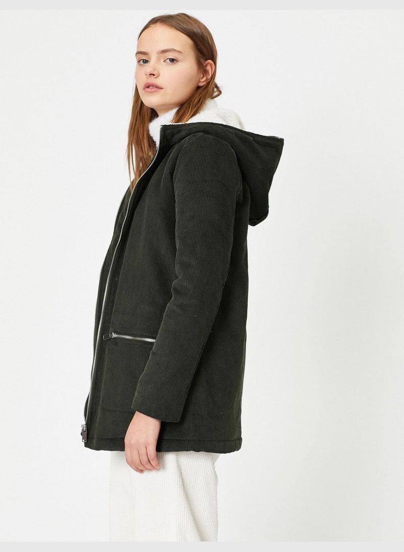 Cotton Hooded Pocket Detailed Zipper Detailed Coat