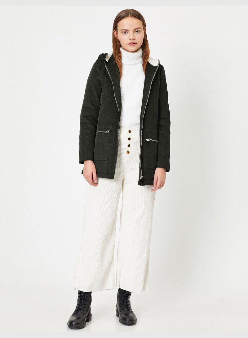 Cotton Hooded Pocket Detailed Zipper Detailed Coat