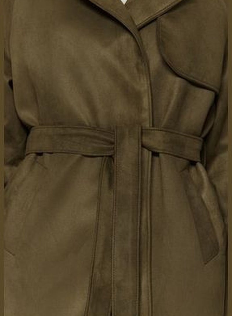 Khaki Oversize Wide-Cut Suede Long Trench Coat with Sash Detail TWOAW24TR00009