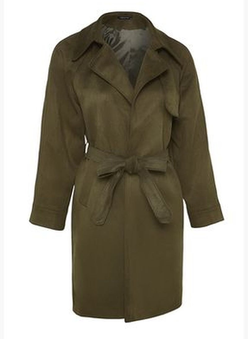 Khaki Oversize Wide-Cut Suede Long Trench Coat with Sash Detail TWOAW24TR00009